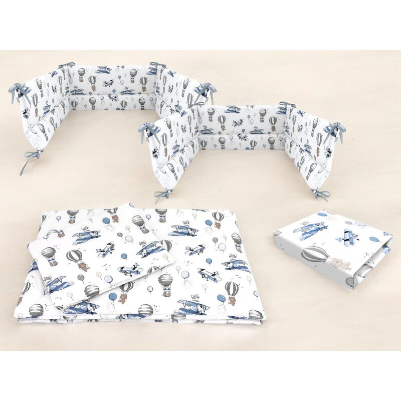 MimiNu Lenjerie patut cu 5 piese 120x60 cm din bumbac blue plane