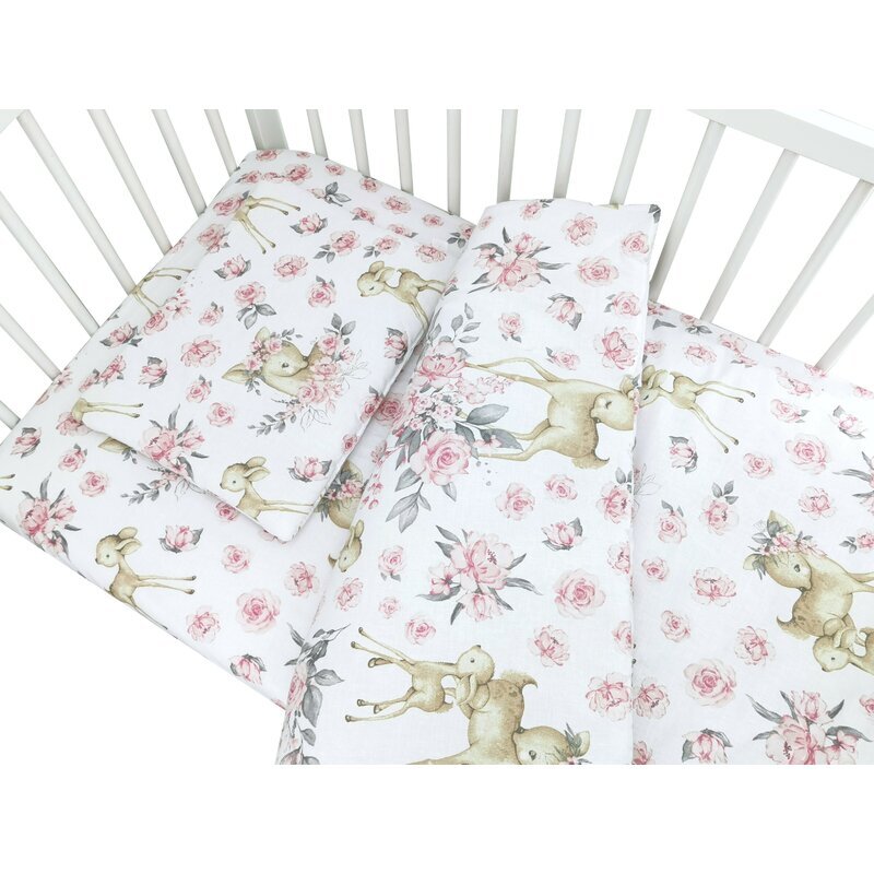 MimiNu Lenjerie patut cu 5 piese 120x60 cm din bumbac Sweet Deer Pink