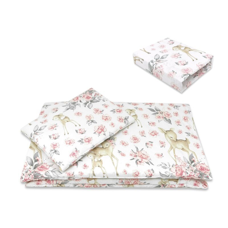 MimiNu Lenjerie patut cu 5 piese 120x60 cm din bumbac Sweet Deer Pink