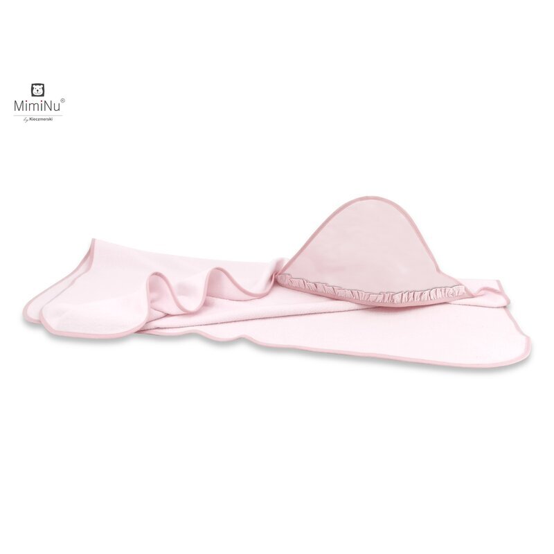 MimiNu Prosop mare cu gluga si volanas 100x100 cm din bumbac si thermo fleece Royal powder pink