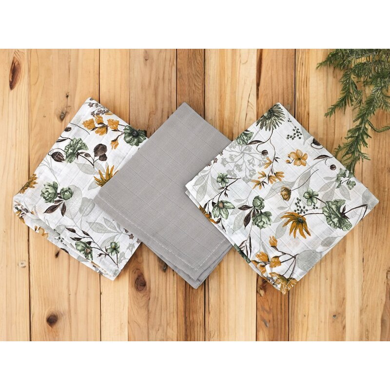 MimiNu Set 3 museline Botanica Grey multifunctionale din bumbac 30x30 cm
