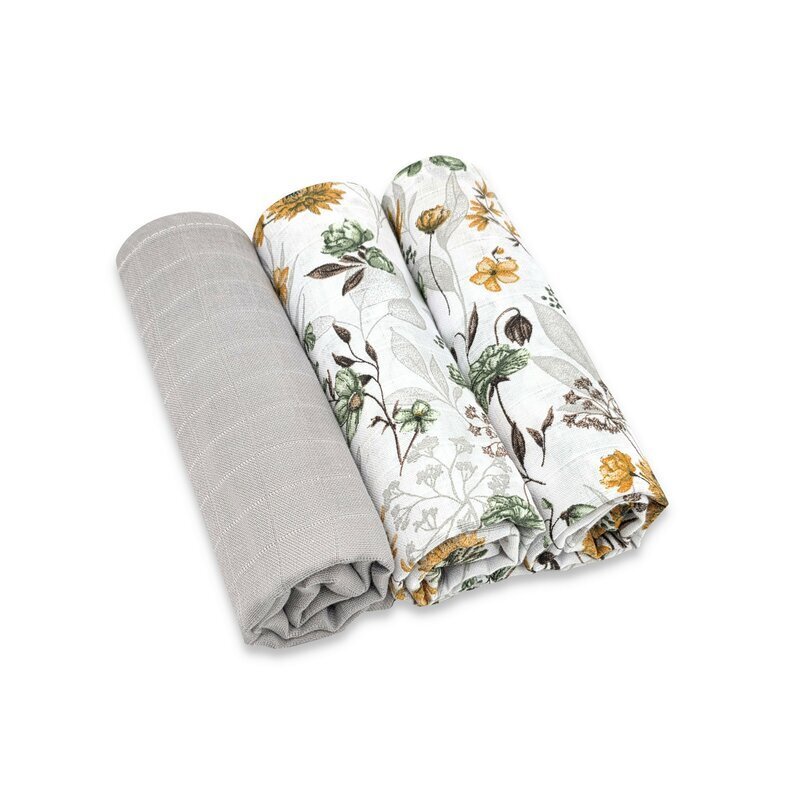 MimiNu Set 3 museline Botanica Grey multifunctionale din bumbac 75x75 cm