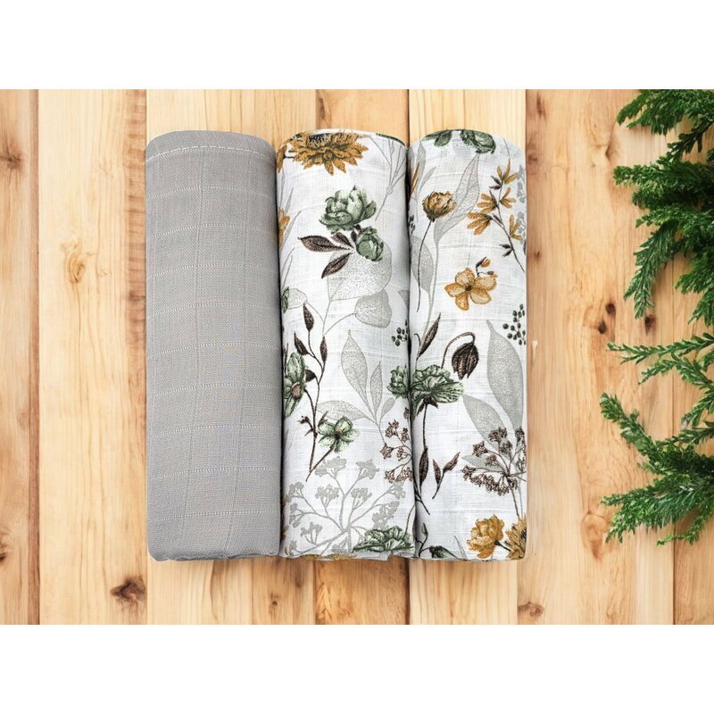 MimiNu Set 3 museline Botanica Grey multifunctionale din bumbac 75x75 cm