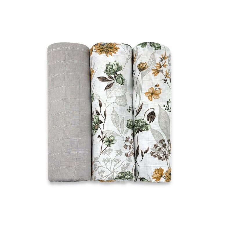 MimiNu Set 3 museline Botanica Grey multifunctionale din bumbac 75x75 cm