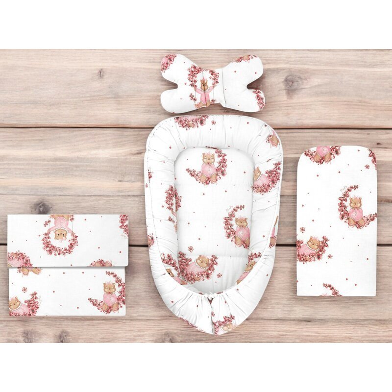 MimiNu Set 4 in 1 Cosulet bebelus Baby Cocoon 75x55 cm husa bumbac din bumbac cu paturica 50x70 cm si salteluta