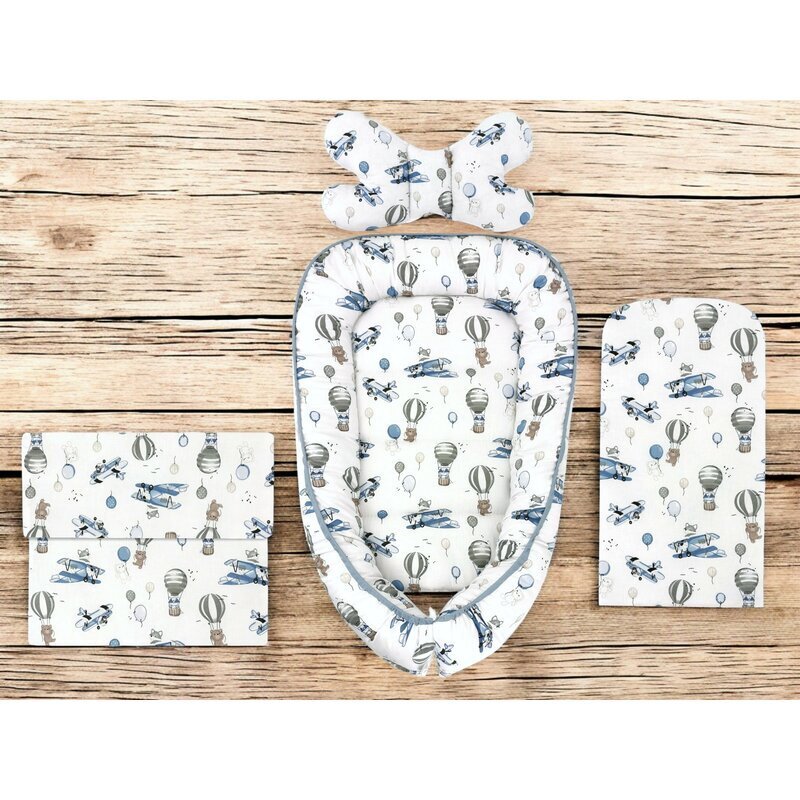 MimiNu Set 4 in 1 cosulet pentru bebelusi Baby Cocoon 75x55 cm Blue Plane
