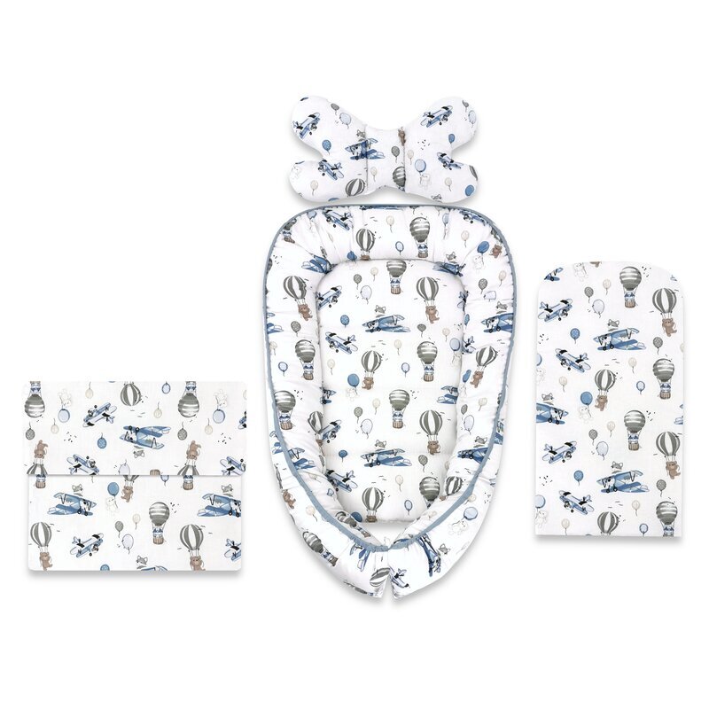 MimiNu Set 4 in 1 cosulet pentru bebelusi Baby Cocoon 75x55 cm Blue Plane