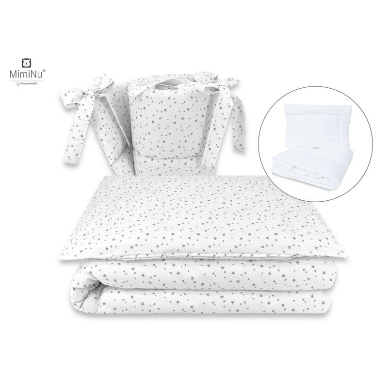 MimiNu Set lenjerie patut 5 piese cu pilota si perna din bumbac pentru patut 120x60 cm Mini Gray Stars