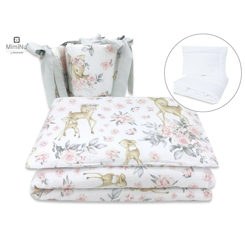 MimiNu Set lenjerie patut 5 piese cu pilota si perna din bumbac pentru patut 120x60 cm Sweet deer pink