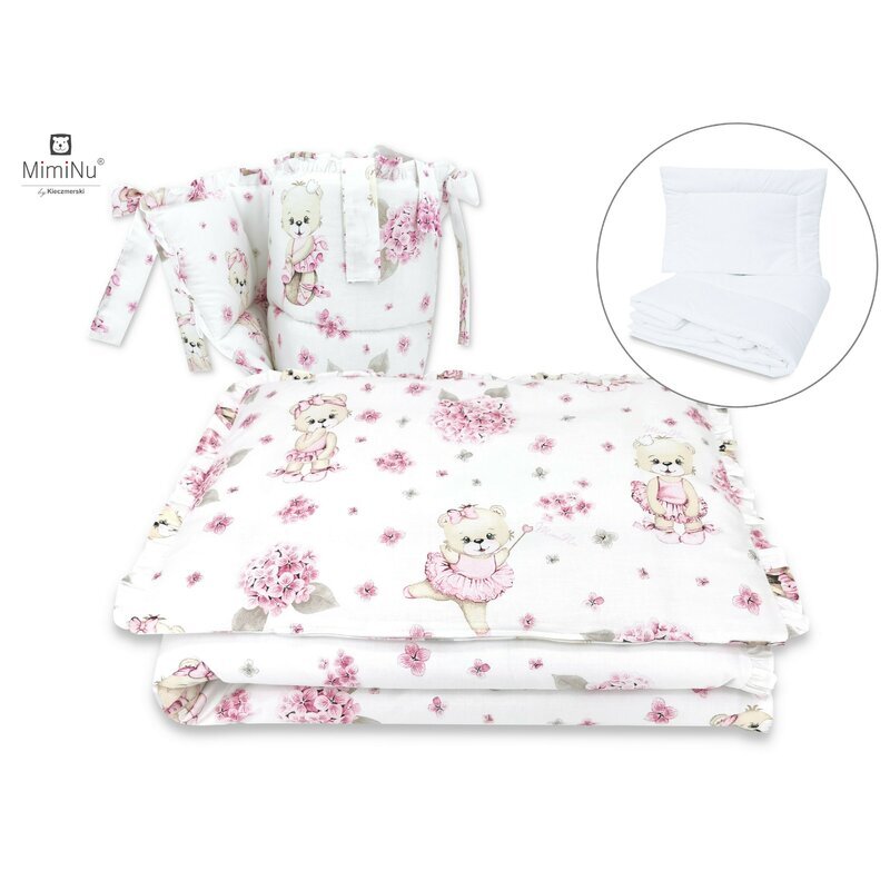 MimiNu Set lenjerie patut 6 piese cu volanase pilota si perna din bumbac 120x60 cm Pink Ballerina