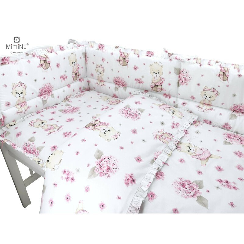 MimiNu Set lenjerie patut 6 piese cu volanase pilota si perna din bumbac 120x60 cm Pink Ballerina