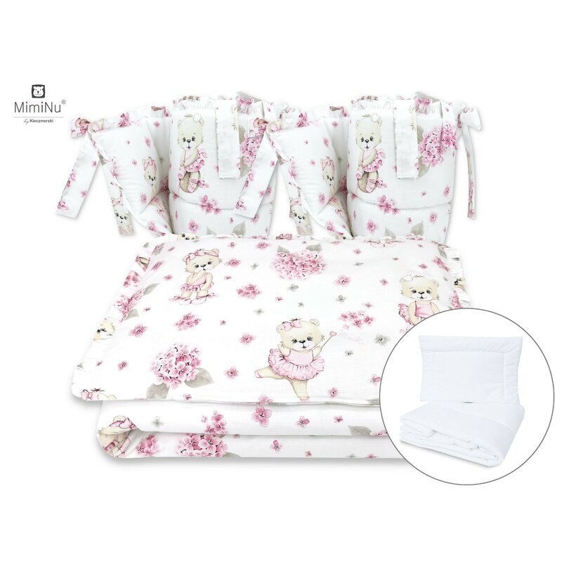 MimiNu Set lenjerie patut 6 piese cu volanase pilota si perna din bumbac 120x60 cm Pink Ballerina