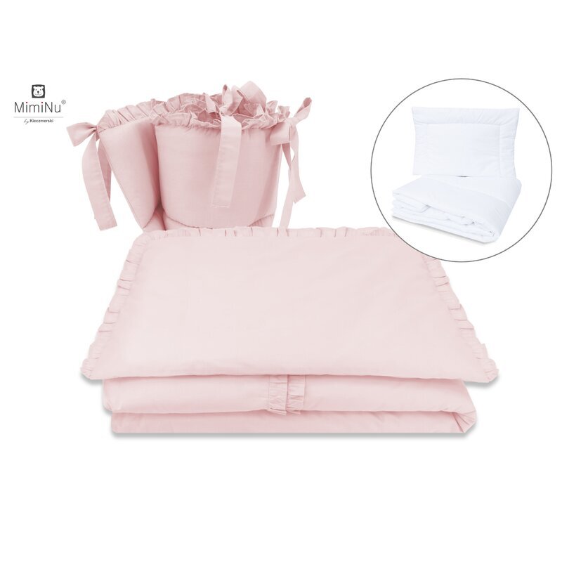 MimiNu Set lenjerie patut cu 6 piese cu volanase pilota si perna cu doua aparatori laterale bumbac 120x60 cm Colectia Roya Powder Pink