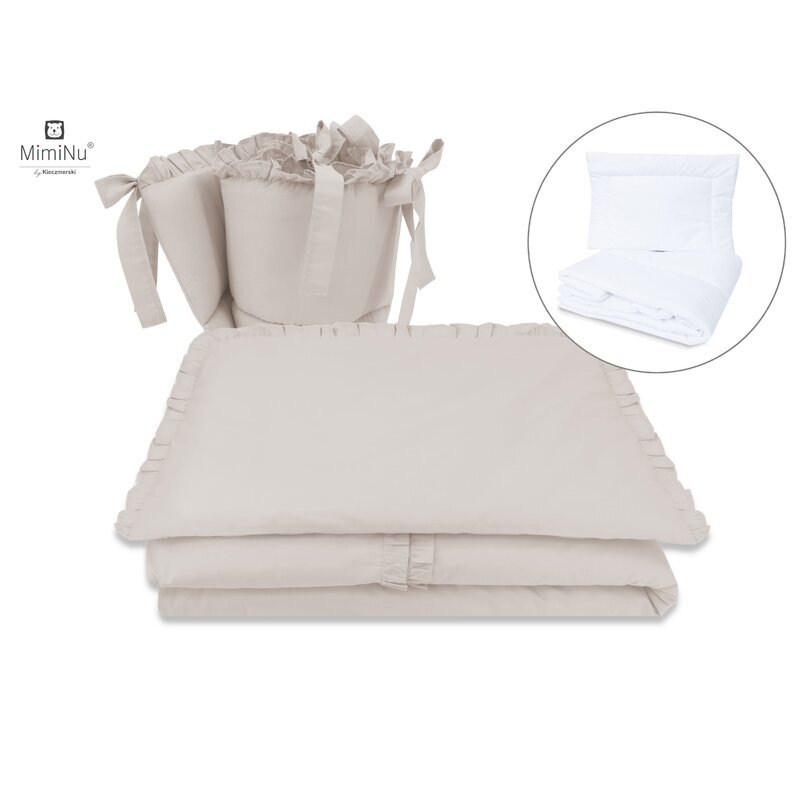 MimiNu Set lenjerie patut cu 6 piese cu volanase pilota si perna cu doua aparatori laterale bumbac 120x60 cm Colectia Royal Beige