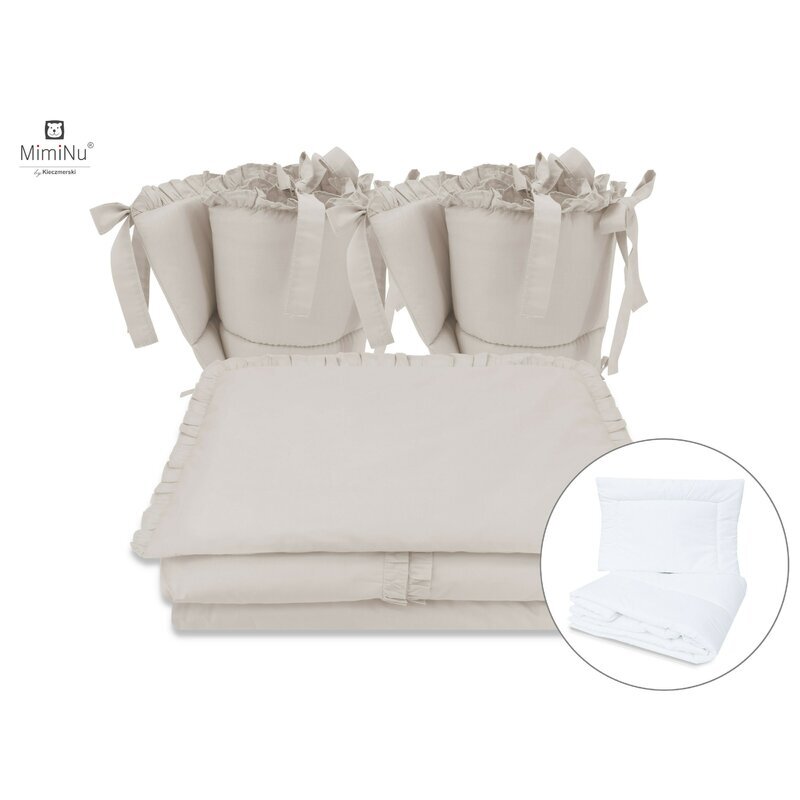 MimiNu Set lenjerie patut cu 6 piese cu volanase pilota si perna cu doua aparatori laterale bumbac 120x60 cm Colectia Royal Beige