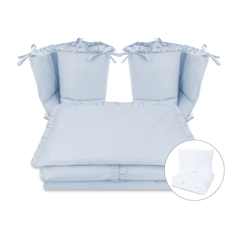MimiNu Set lenjerie patut cu 6 piese cu volanase pilota si perna cu doua aparatori laterale bumbac 120x60 cm Colectia Royal Blue