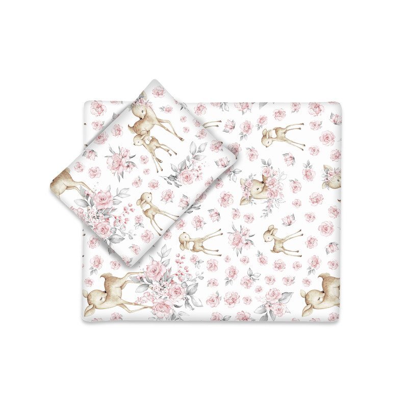 MimiNu Set lenjerie pentru carucior cu pernuta si paturica din bumbac Sweet deer Pink