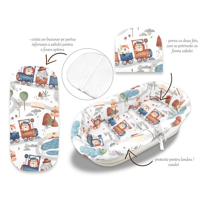 MimiNu Set pentru landoucosulet cu protectie saltea si pernuta din bumbac design Zoo in train