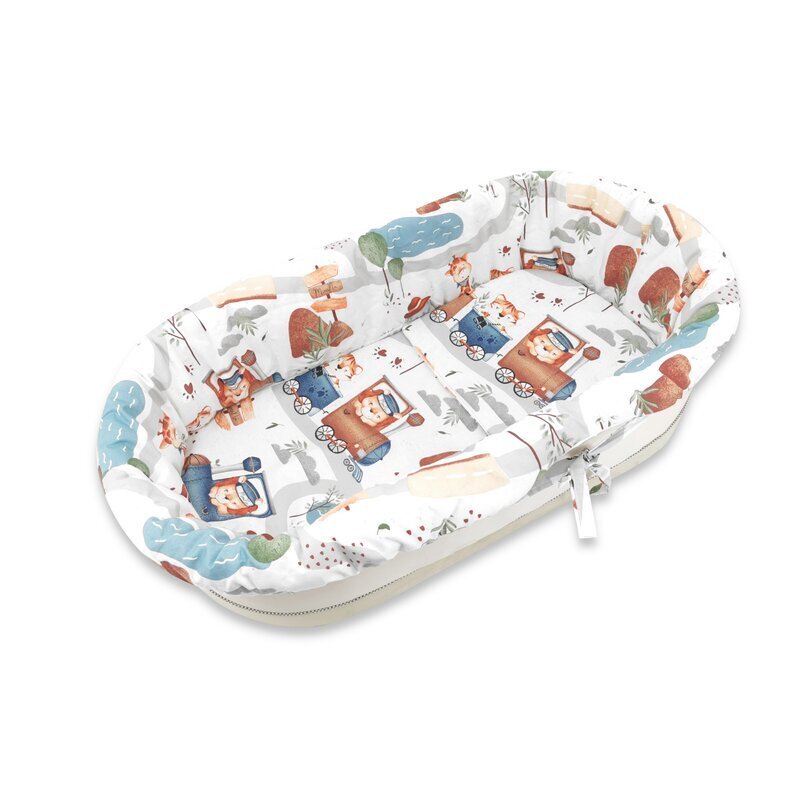 MimiNu Set pentru landoucosulet cu protectie saltea si pernuta din bumbac design Zoo in train
