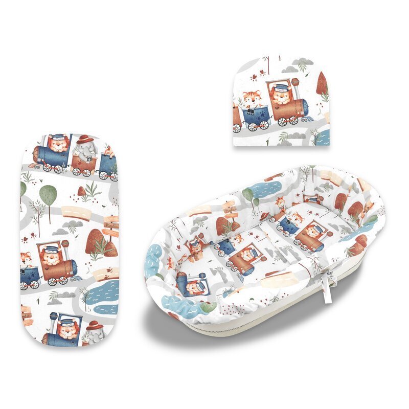 MimiNu Set pentru landoucosulet cu protectie saltea si pernuta din bumbac design Zoo in train