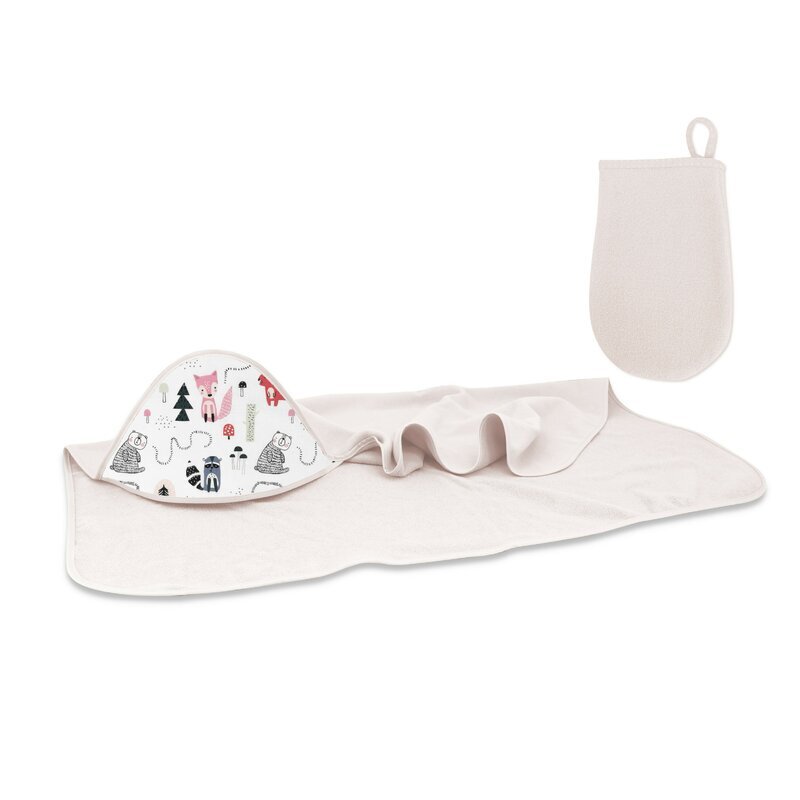 MimiNu Set prosop mare cu gluga 100x100 cm + manusa de baie bebelusi 12x21 cm Design Fox