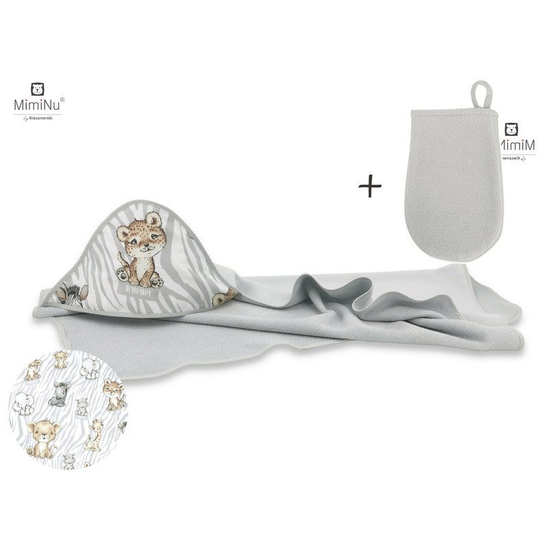 MimiNu Set prosop mare cu gluga 100x100 cm + Manusa de baie bebelusi 12x21 cm Safari Natural