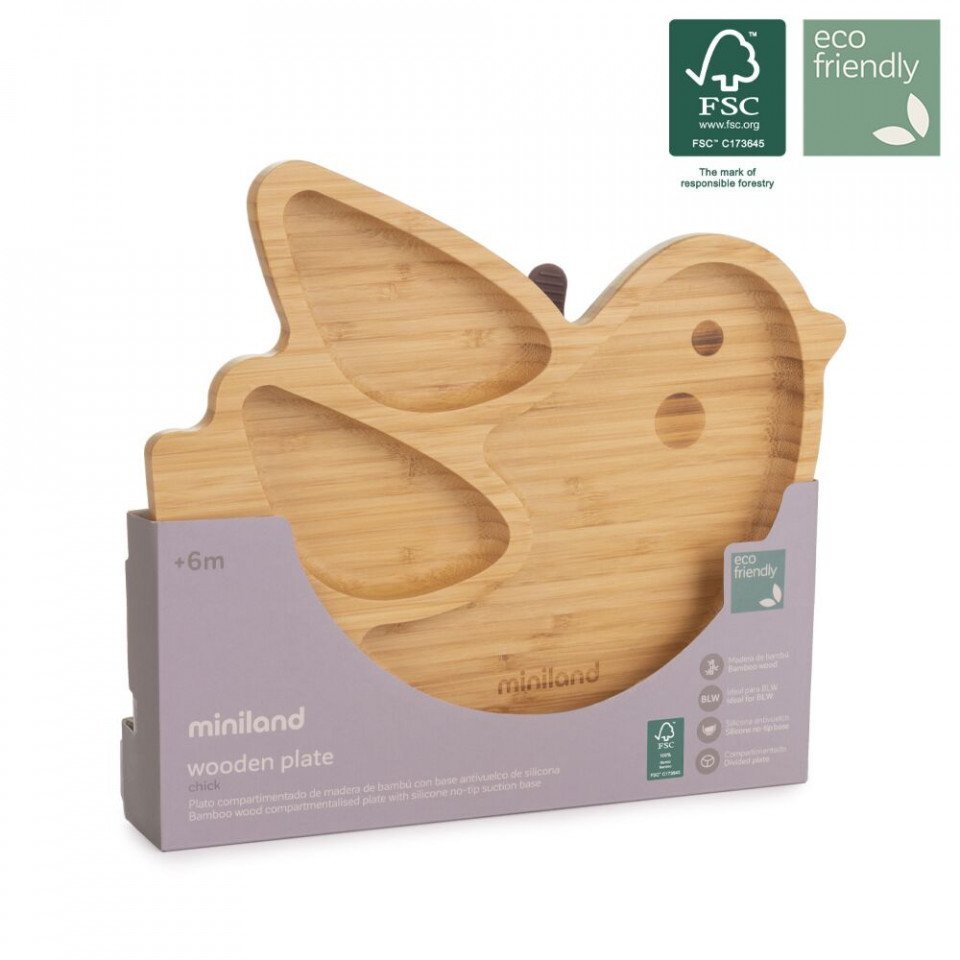 MINILAND Farfuriuta de lemn compartimentata cu baza silicon Chick