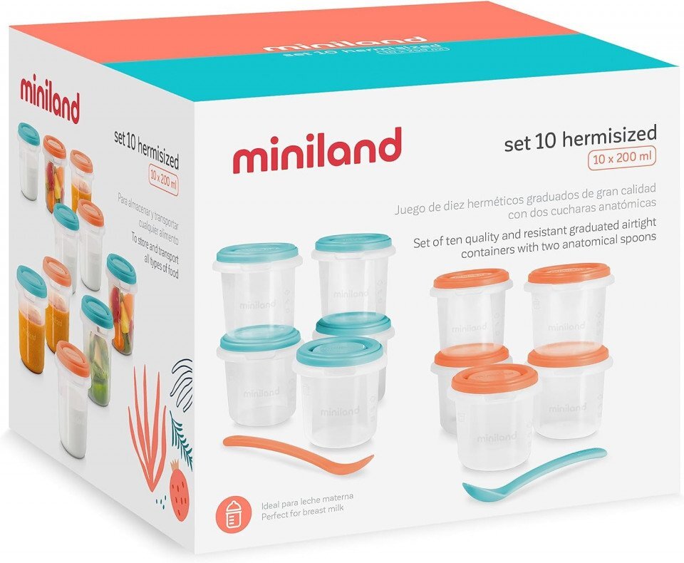 MINILAND Set 10 recipiente ermetice gradate cu 2 lingurite Mediteranean 200 ml