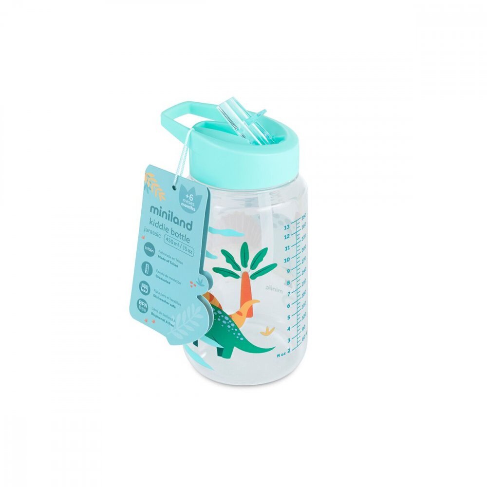 MINILAND Sticla de tranzitie cu pai Kiddie Dinosaur 450 ml