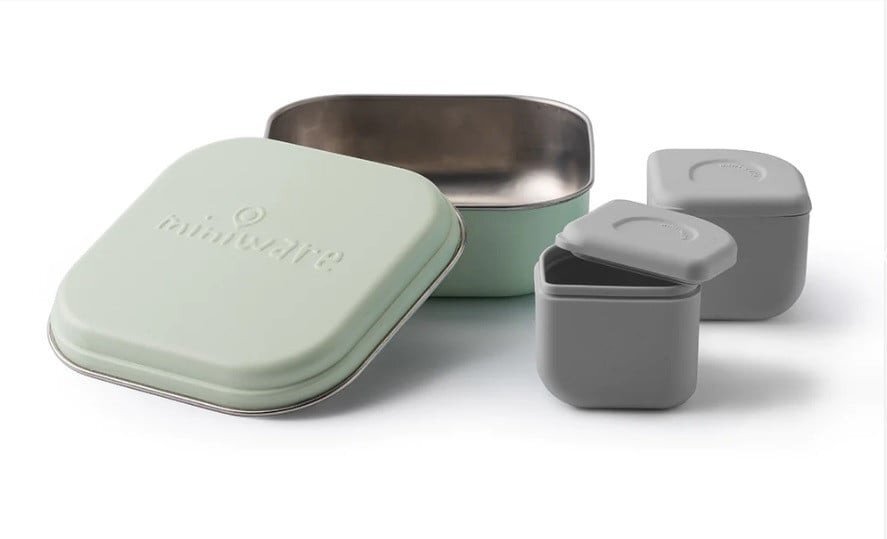 Miniware Set cutie cu 2 silipods pentru mancare bebelusi Grow bento 3 piese Keylime+Grey