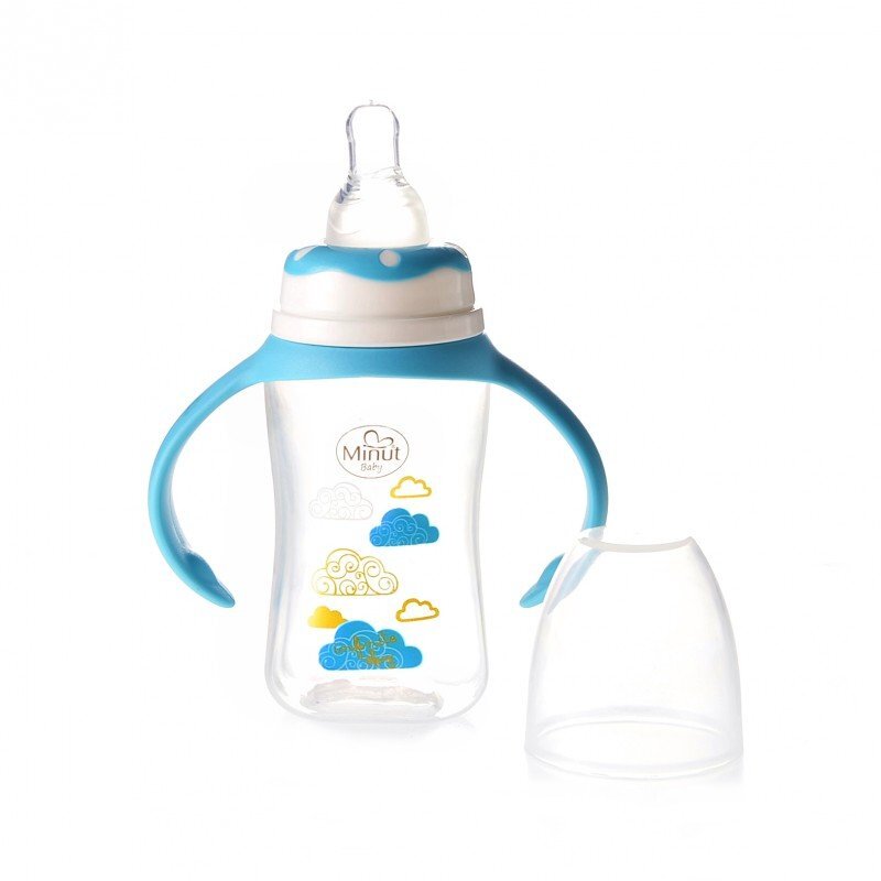 Minut Baby Biberon cu manere 125 ml si tetina silicon 0+ bleu