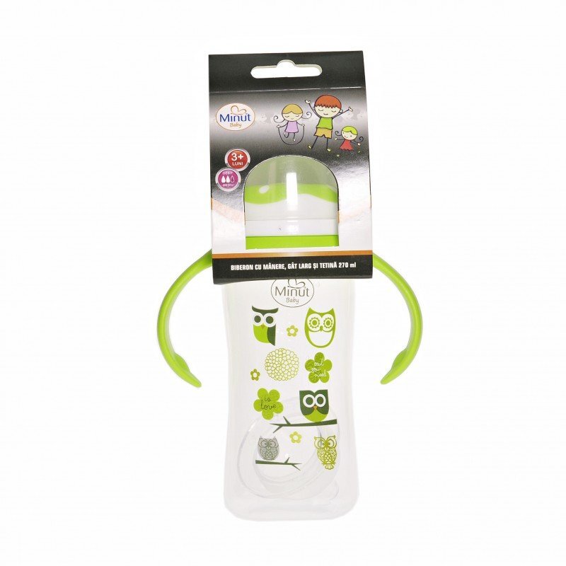 Minut Baby Biberon gat larg cu manere 270 ml cu tetina silicon 3+ verde