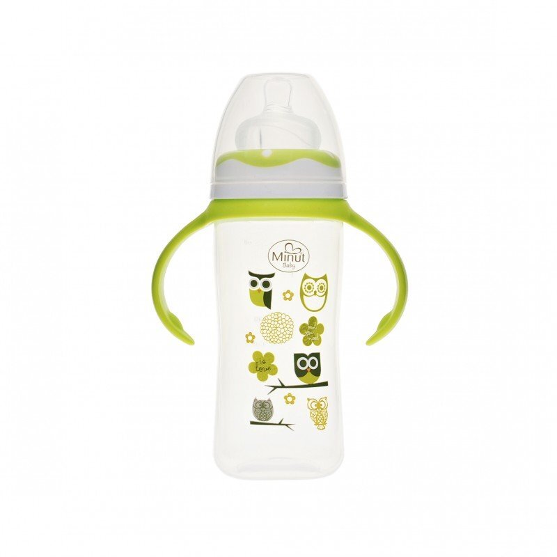 Minut Baby Biberon gat larg cu manere 270 ml cu tetina silicon 3+ verde