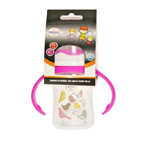 Minut Baby Biberon gat larg cu manere cu tetina silicon 0+ 150 ml roz