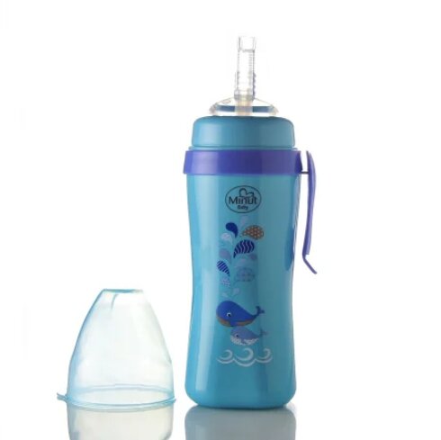 Minut Baby Cana anticurgere cu pai de silicon si clips de prindere 360 ml 6+ bleu
