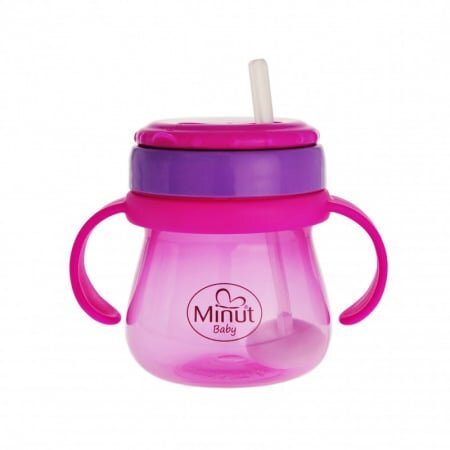 Minut Baby Cana anticurgere cu pai mobil 250 ml roz