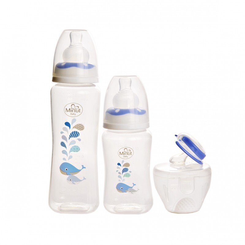 Minut Baby Set 2 biberoane 125 ml si 250 ml + suzeta in cutie sterilizare 0+ bleu
