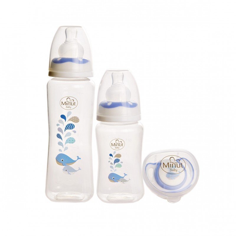 Minut Baby Set 2 biberoane 125 ml si 250 ml + suzeta in cutie sterilizare 0+ bleu