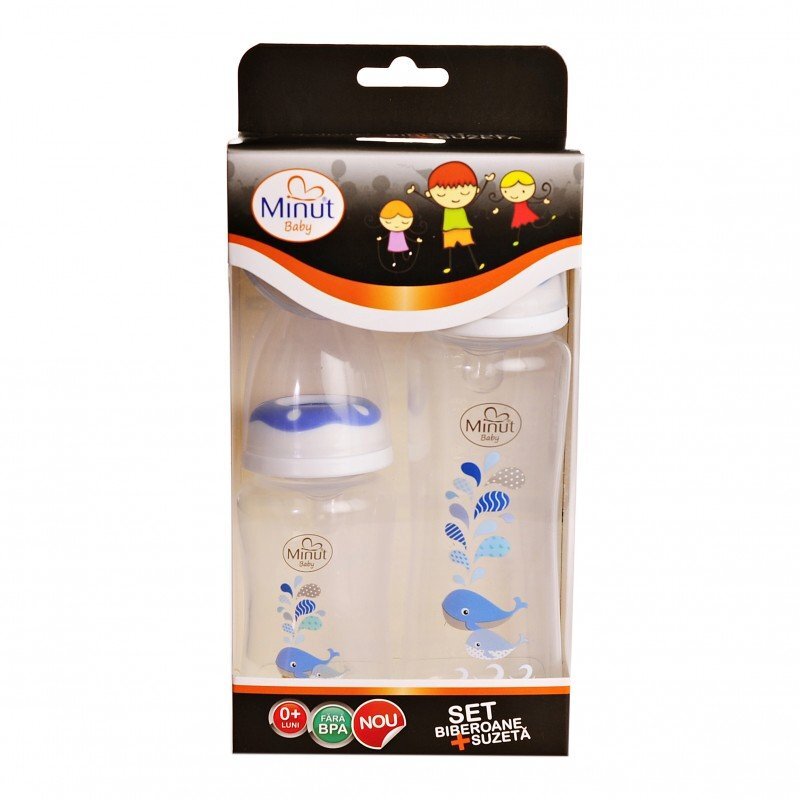 Minut Baby Set 2 biberoane 125 ml si 250 ml + suzeta in cutie sterilizare 0+ bleu