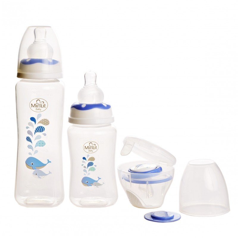 Minut Baby Set 2 biberoane 125 ml si 250 ml + suzeta in cutie sterilizare 0+ bleu