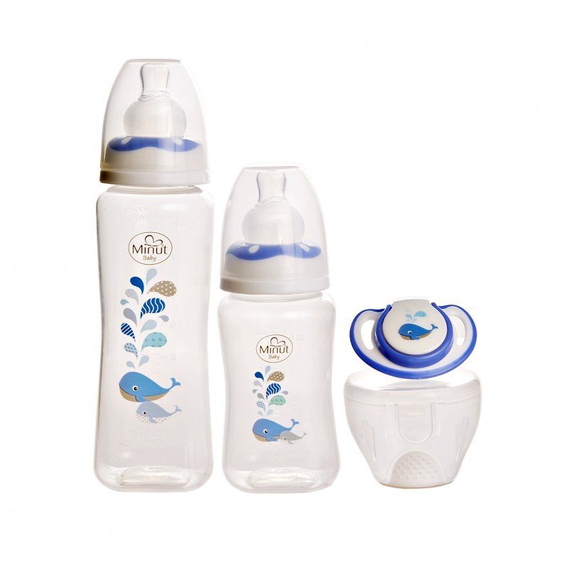 Minut Baby Set 2 biberoane 125 ml si 250 ml + suzeta in cutie sterilizare 0+ bleu