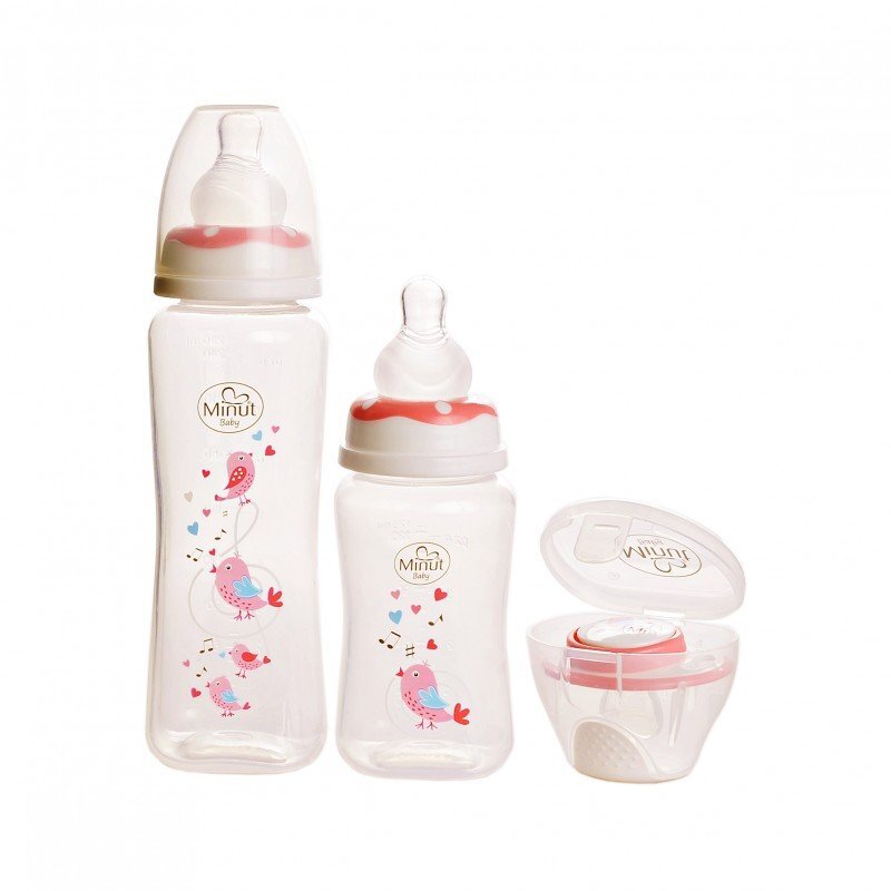 Minut Baby Set 2 biberoane 125 ml si 250 ml + suzeta in cutie sterilizare 0+ piersica