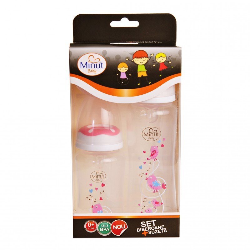 Minut Baby Set 2 biberoane 125 ml si 250 ml + suzeta in cutie sterilizare 0+ piersica