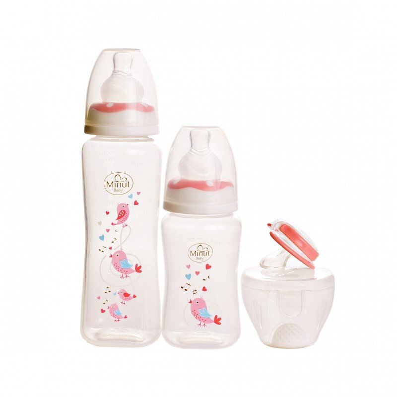 Minut Baby Set 2 biberoane 125 ml si 250 ml + suzeta in cutie sterilizare 0+ piersica