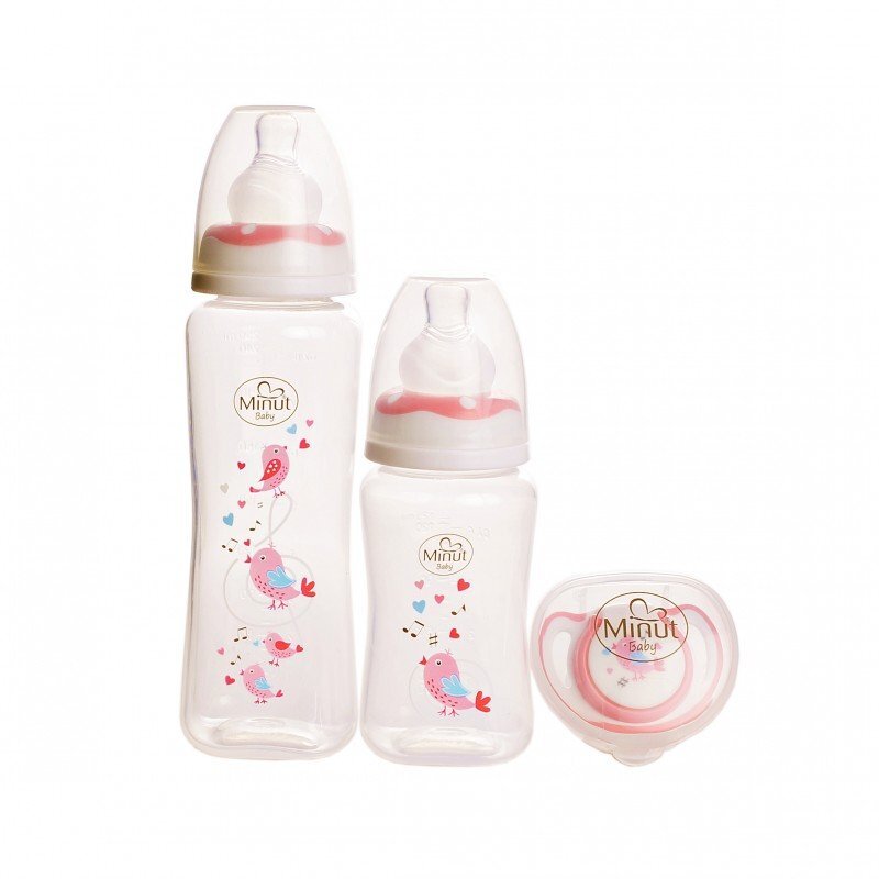 Minut Baby Set 2 biberoane 125 ml si 250 ml + suzeta in cutie sterilizare 0+ piersica