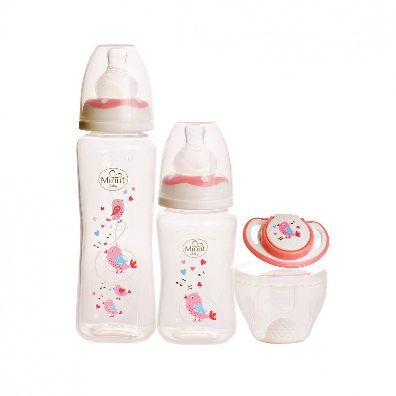 Minut Baby Set 2 biberoane 125 ml si 250 ml + suzeta in cutie sterilizare 0+ piersica