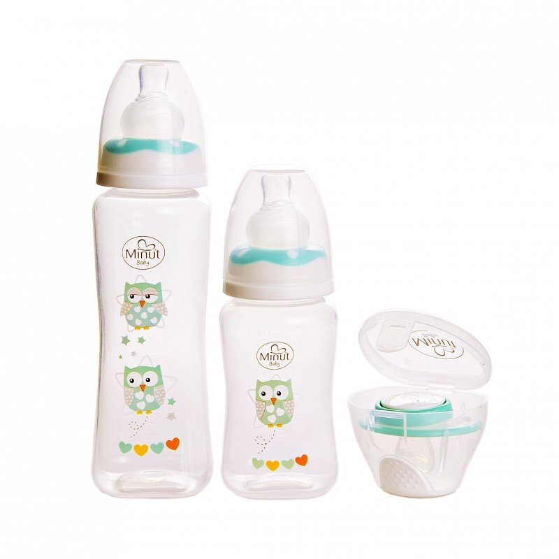 Minut Baby Set 2 biberoane 125 ml si 250 ml + suzeta in cutie sterilizare 0+ verde