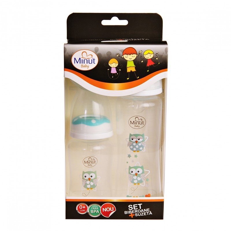 Minut Baby Set 2 biberoane 125 ml si 250 ml + suzeta in cutie sterilizare 0+ verde