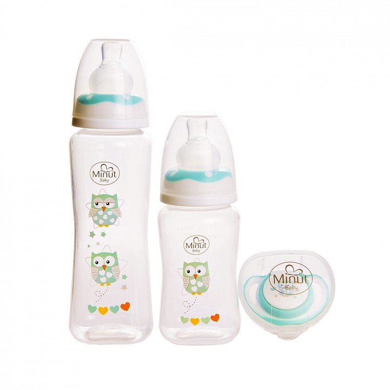 Minut Baby Set 2 biberoane 125 ml si 250 ml + suzeta in cutie sterilizare 0+ verde