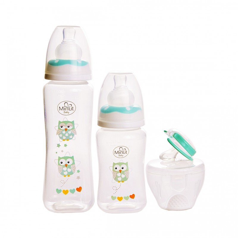 Minut Baby Set 2 biberoane 125 ml si 250 ml + suzeta in cutie sterilizare 0+ verde